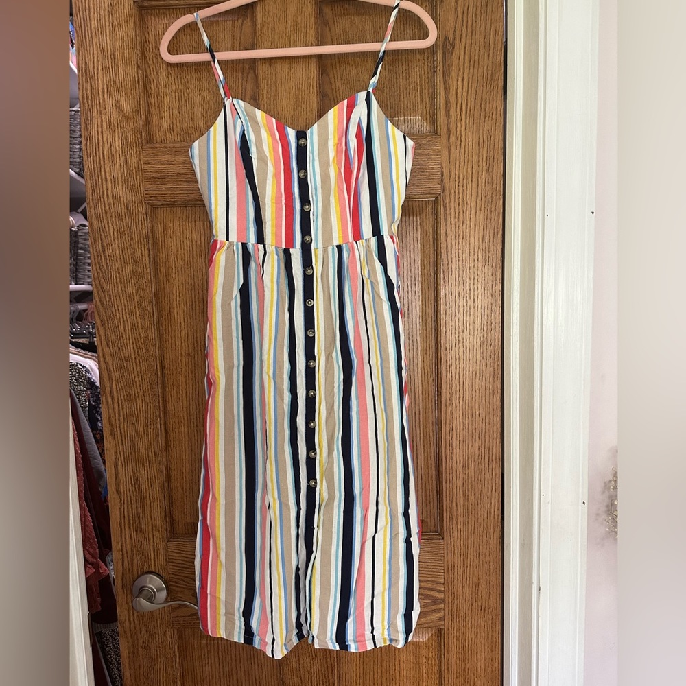 colorful striped button up linen dress